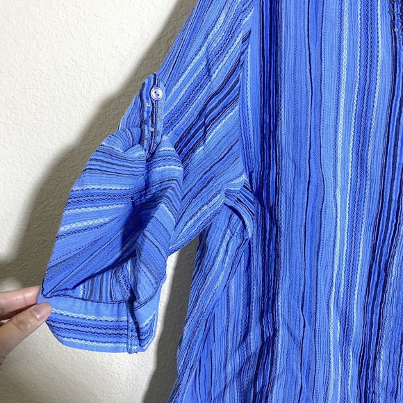 Catherines Womens Blouse Top Size 4x Cotton Blue Roll Tab Sleeve Beads Stripe - Picture 4 of 8